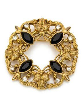 Vintage Gold Tone Openwork Wreath Brooch with Black & Clear Rhinestones